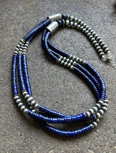 Sterling Silver Multi Strand Lapis W Pearls Bead Necklace. 28 inch