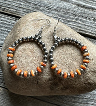 Load image into Gallery viewer, Sterling Silver Orange Spiny Oyster W Pearls Bead Hoop Earrings. 2.25 Inch.