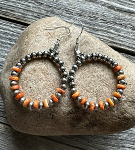 Sterling Silver Orange Spiny Oyster W Pearls Bead Hoop Earrings. 2.25 Inch.