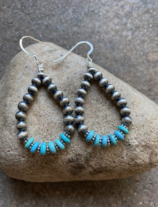 Sterling Silver Blue Turquoise W Pearls Bead Loop Earrings.