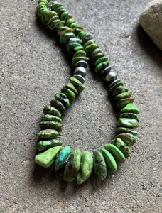 Sterling Silver Graduated Green Turquoise Bead Necklace. 18 inch