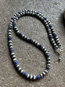 Sterling Silver Blue Lapis W 6mm Pearls Bead Necklace. 24 inch