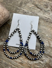 Load image into Gallery viewer, Sterling Silver Pearls Double Loop Lapis Bead Earrings.