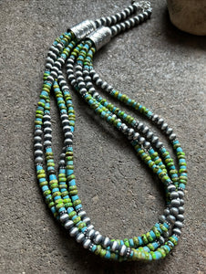 Sterling Silver Multi Strand Blue Green Turquoise Bead Necklace. 24 inch