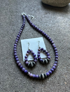 Sterling Silver Purple Charoite Bead Necklace W Earrings Set. Gift 18 Inch