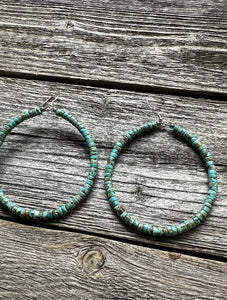 Sterling Silver Heishi Turquoise W Pearls Bead Hoop Earrings. 3 Inch