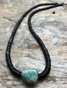 Sterling Silver Graduated Black Onyx Turquoise Bead Necklace. 18 Inch