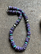 Load image into Gallery viewer, Sterling Silver Charoite Turquoise Bead Necklace. 18 Inch