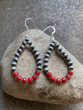 Load image into Gallery viewer, Sterling Silver Red Coral W Pearls Bead Loop Earrings.