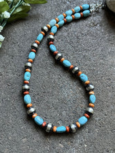 Load image into Gallery viewer, Sterling Silver Graduated Blue Turquoise Spiny Oyster Bead Necklace 20 Inch