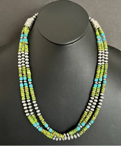 Sterling Silver Multi Strand Blue Green Turquoise Bead Necklace. 24 inch