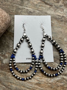 Sterling Silver Pearls Double Loop Lapis Bead Earrings.