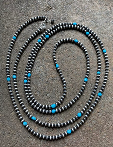 60” Sterling Silver Sleeping Beauty Turquoise 5mm Navajo Pearls Bead Necklace