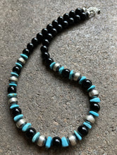 Load image into Gallery viewer, Sterling Silver Black Onyx Turquoise Bead Necklace. 18 Inch