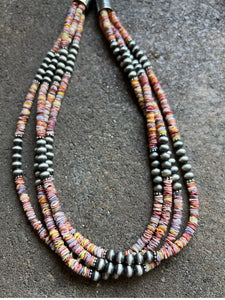 Sterling Silver Multi Strand Multi Color Shell W Pearls Bead Necklace. 26 inch