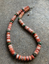 Load image into Gallery viewer, Sterling Silver Spiny Oyster Green Turquoise Bead Necklace. 18 inch