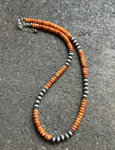 Load image into Gallery viewer, Sterling Silver Orange Spiny Oyster W Pearls Bead Necklace. 18 inch. Gift