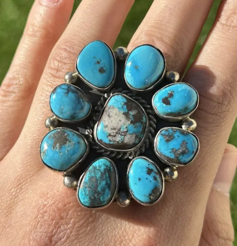 Native American Sterling Silver Turquoise Cluster Adjustable Ring. KY