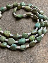 Load image into Gallery viewer, Sterling Silver Green Turquoise Nuggets with Heishi Bead Necklace. 36 inch