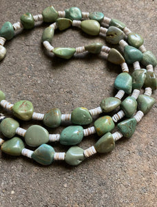 Sterling Silver Green Turquoise Nuggets with Heishi Bead Necklace. 36 inch