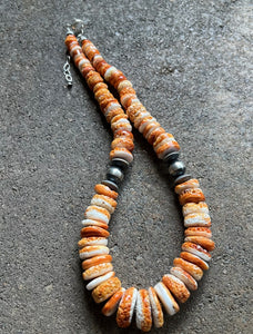 Sterling Silver Graduated Orange Spiny Oyster Bead Necklace. 18 inch