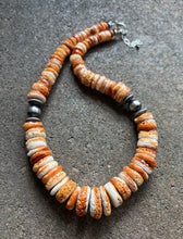 Load image into Gallery viewer, Sterling Silver Graduated Orange Spiny Oyster Bead Necklace. 18 inch