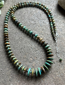 Long Sterling Silver Graduated Green Turquoise Bead Necklace. 36 inch