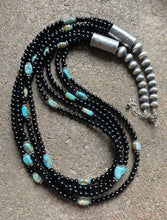Load image into Gallery viewer, Sterling Silver Multi Strand Black Onyx with Turquoise Bead Necklace. 24 Inch