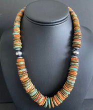 Load image into Gallery viewer, Sterling Silver Graduated Spiny Oyster Green Turquoise Bead Necklace. 18 inch