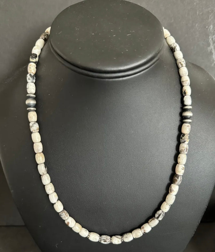 Sterling Silver White Buffalo Turquoise Bead W Pearls Necklace. 18 inch