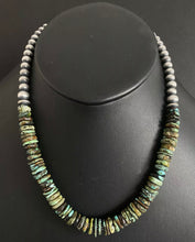 Load image into Gallery viewer, Sterling Silver Graduated Green Turquoise Bead Necklace. 18 inch