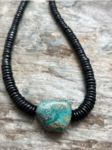 Sterling Silver Graduated Black Onyx Turquoise Bead Necklace. 18 Inch