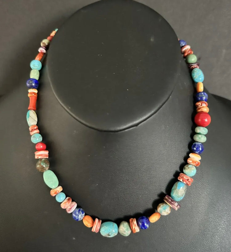 Sterling Silver Multi Stone Bead Necklace. 16 inch