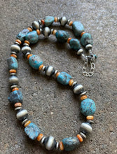 Load image into Gallery viewer, Sterling Silver Turquoise Nuggets W Spiny Oyster Bead Necklace 18 inch