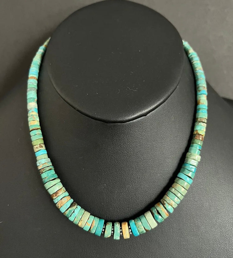 Sterling Silver Graduated Heishi Turquoise Bead Necklace. 17 inch
