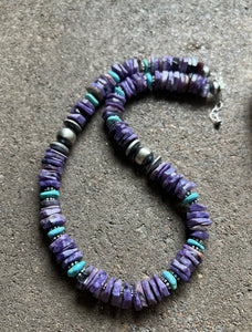 Sterling Silver Charoite Turquoise Bead Necklace. 18 Inch