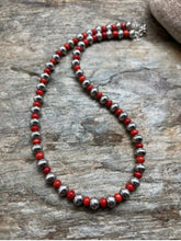 Load image into Gallery viewer, Sterling Silver Stamped Pearls Coral Bead Necklace 18 inch