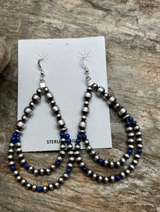 Sterling Silver Pearls Double Loop Lapis Bead Earrings.