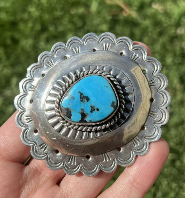 Native American Sterling Silver Turquoise Belt Buckle. CY