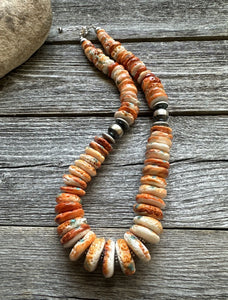 Sterling silver orange spiny oyster bead necklace 18 Inch