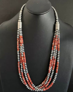 Sterling Silver Multi Strand Red Spiny Oyster Navajo Pearls Bead Necklace 26”