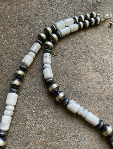 Sterling Silver White Buffalo Turquoise W Navajo Pearls Bead Necklace. 23.5 inch