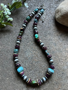 Sterling Silver Turquoise Nuggets W Purple Spiny Oyster Bead Necklace 19 inch