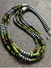 Load image into Gallery viewer, Sterling Silver Multi Strand Green Turquoise Tigers Eye Bead Necklace. 30 inch