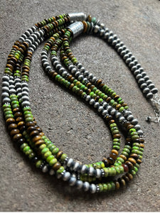 Sterling Silver Multi Strand Green Turquoise Tigers Eye Bead Necklace. 30 inch