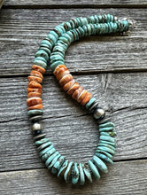 Load image into Gallery viewer, Sterling Silver Graduated Turquoise Spiny Oyster Bead Necklace 18 Inch