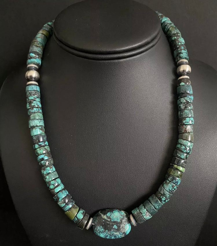 Sterling Silver Heishi Turquoise W Nugget Bead Necklace. 18 inch