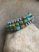 Load image into Gallery viewer, Sterling Silver Blue Green Turquoise Navajo Pearls Wrap Spiral Bead Bracelet