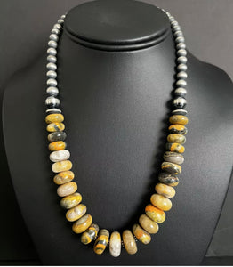 Sterling Silver Graduated Bumblebee Jasper W Pearls Bead Necklace. 18 inch