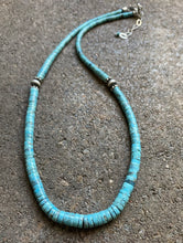 Load image into Gallery viewer, Sterling Silver Graduated Blue Turquoise Heishi Bead Necklace. 18 inch